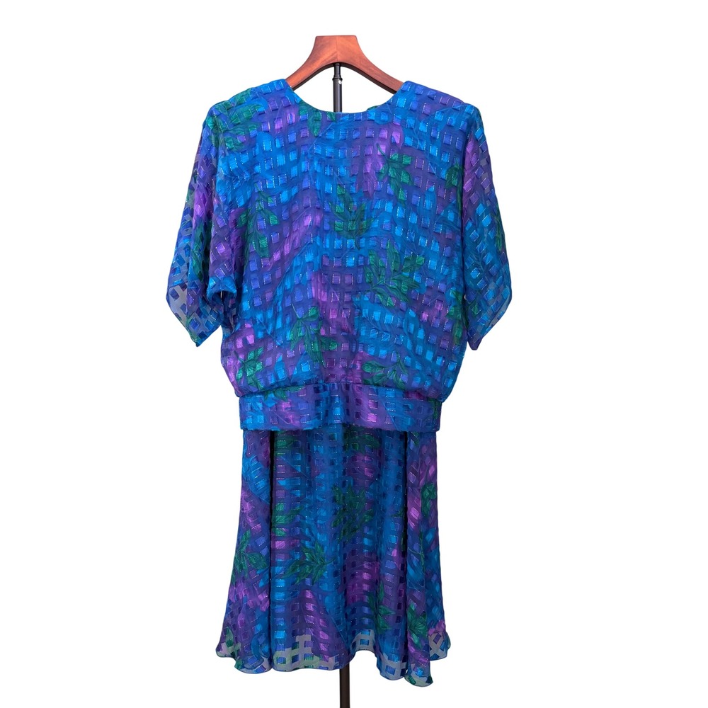 Siasia New York Vintage 2 Piece Skirt Set Blue Purple Floral Metallic S 80's SP